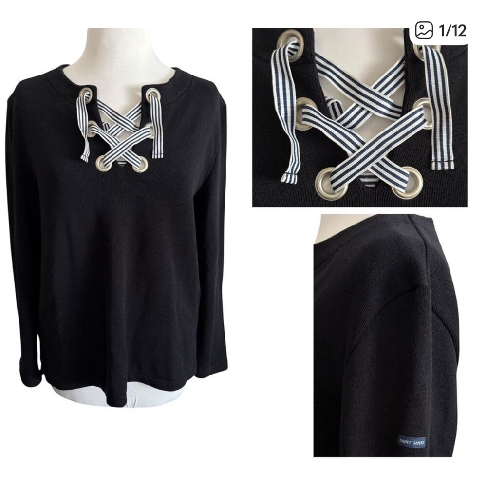 Saint James L'Atelier Wool Cotton Blend Nautical Knit Sweater Black Navy US 12